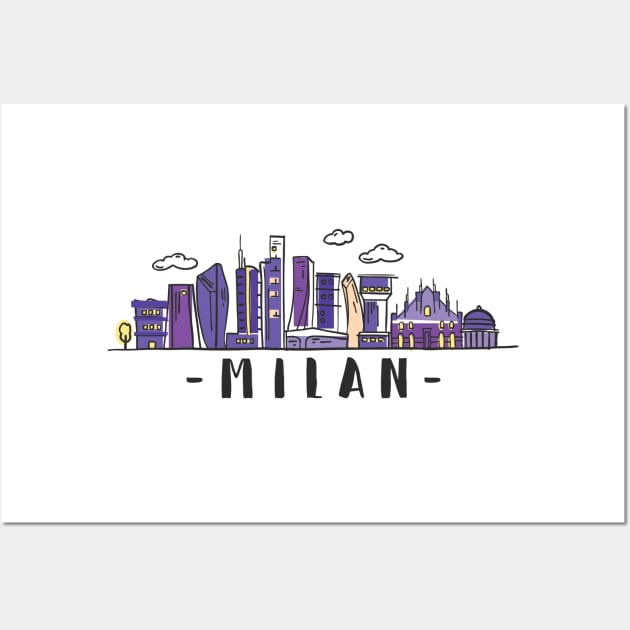 Milan Italy Skyline Travel Poster Hand Drawn Wall Art by RajaGraphica